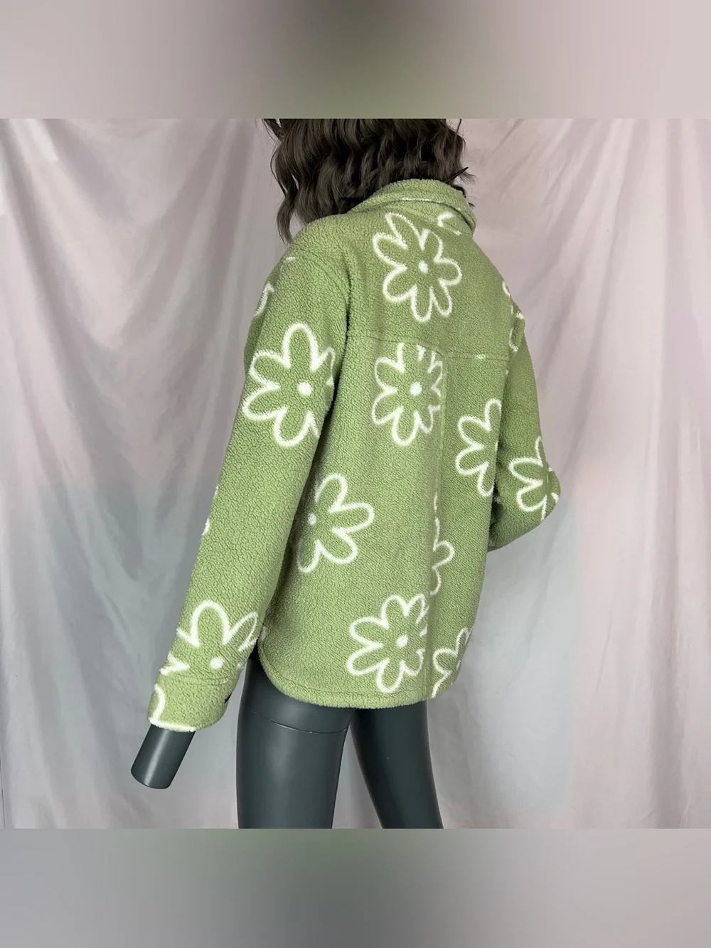 Matcha Green & White Daisy Flower Power Plush Fleece Button Up Jacket